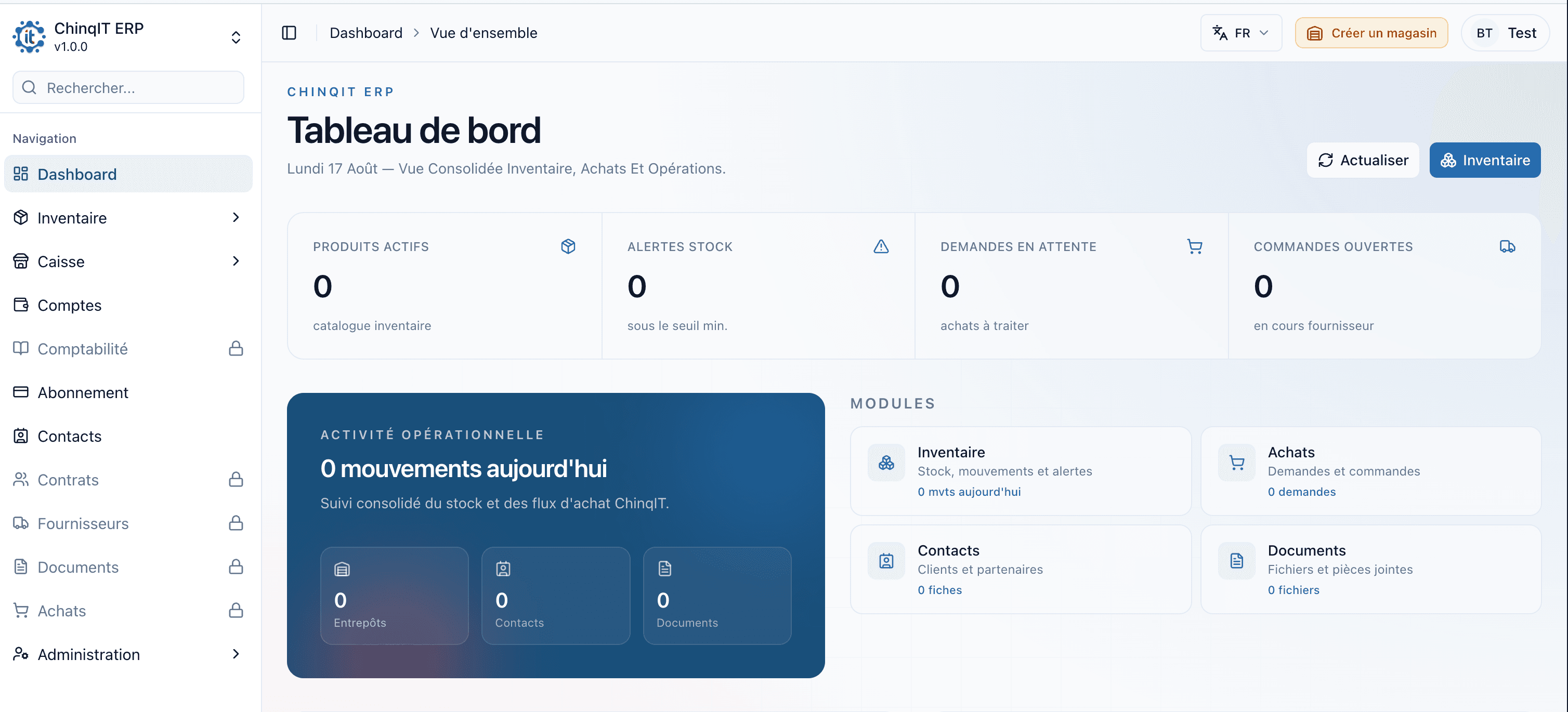 Tableau de bord ChinqIT ERP